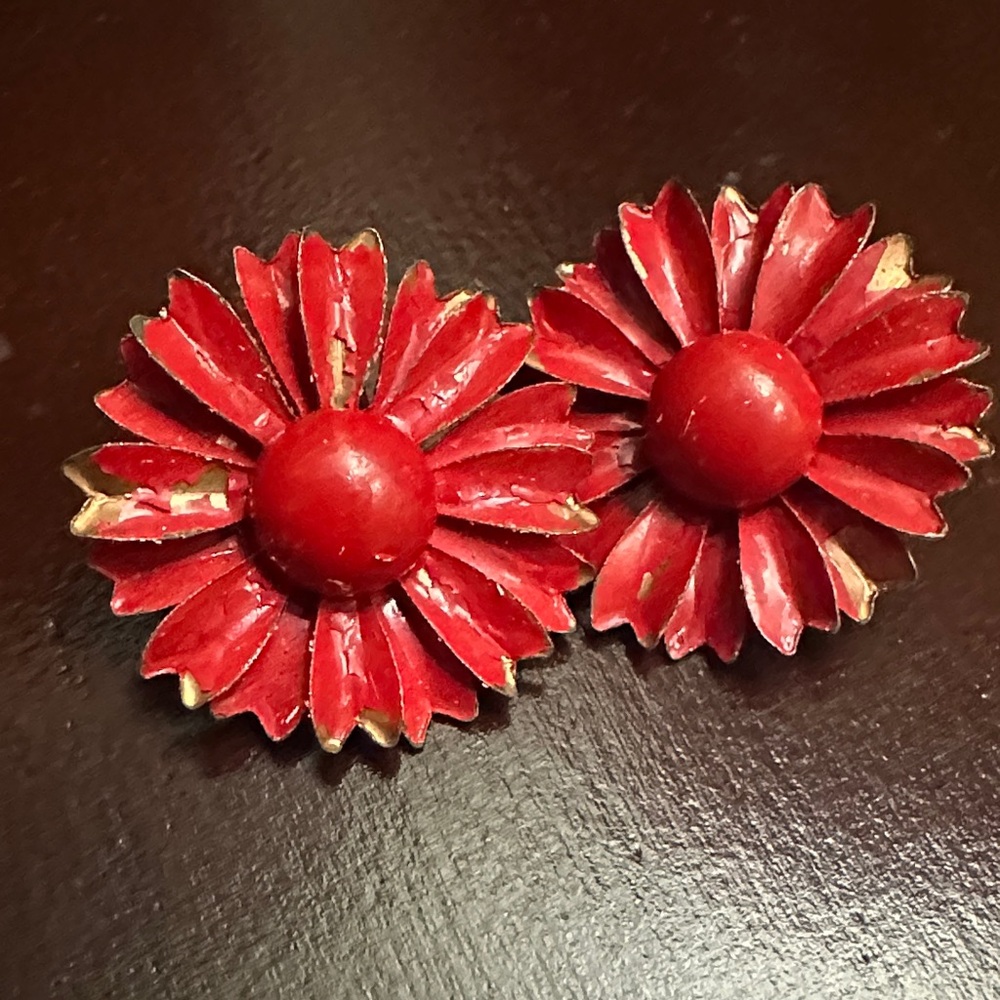 Vintage Red Flower Clip-On Earrings